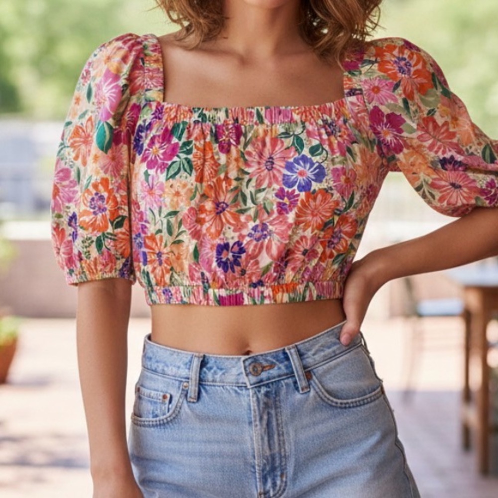 Anthropologie Abel the Label Floral Pink & Cream Puff sleeve crop size small